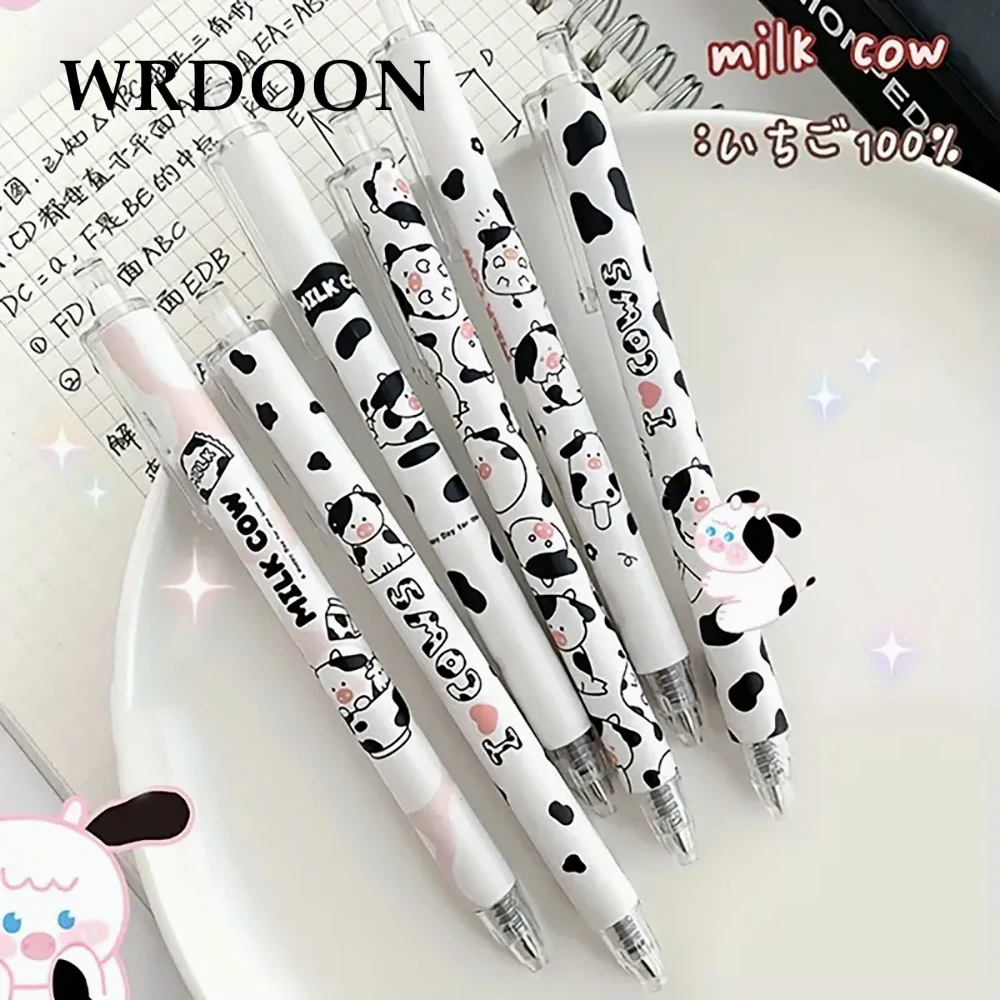 6pcs Cartoon Milk Cow Retractable Gel Pens Set 0.5mm Black Ink Bullet Nib Smooth Writing Experience For School Office