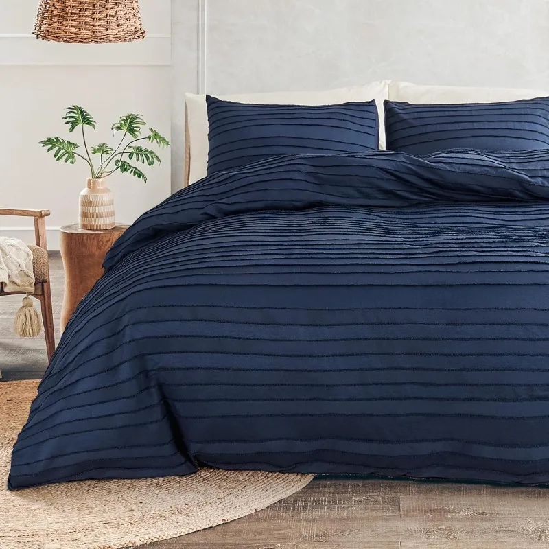 California King Duvet Cover, Navy 3 Pieces Boho Tufted Duvet Cover Set, Soft and Lightweight Microfiber Comforter Cover Set