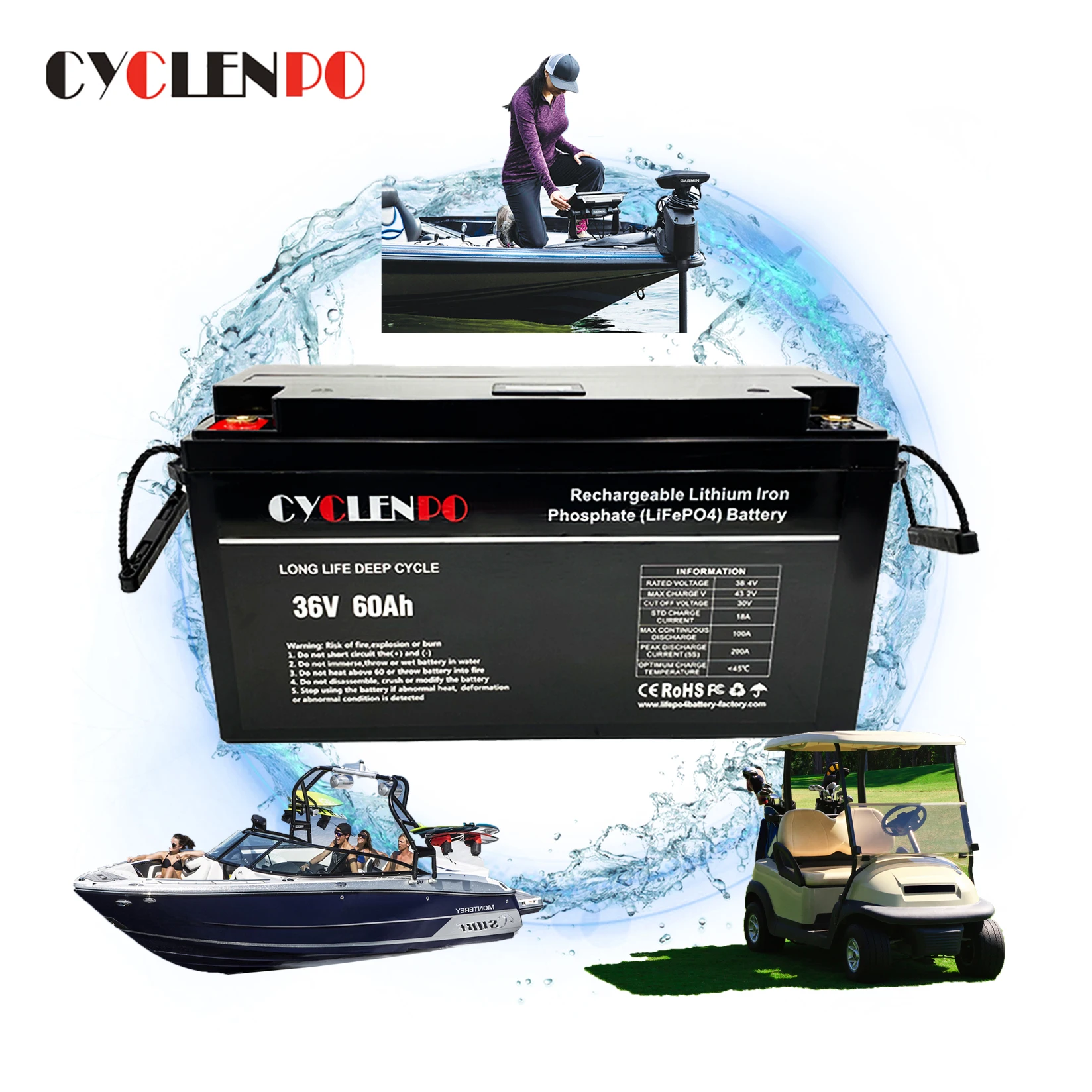 High quality waterproof ip67 36v lifepo4 battery pack 36v 60ah lithium ion batteries for marine/golf /trolling motor