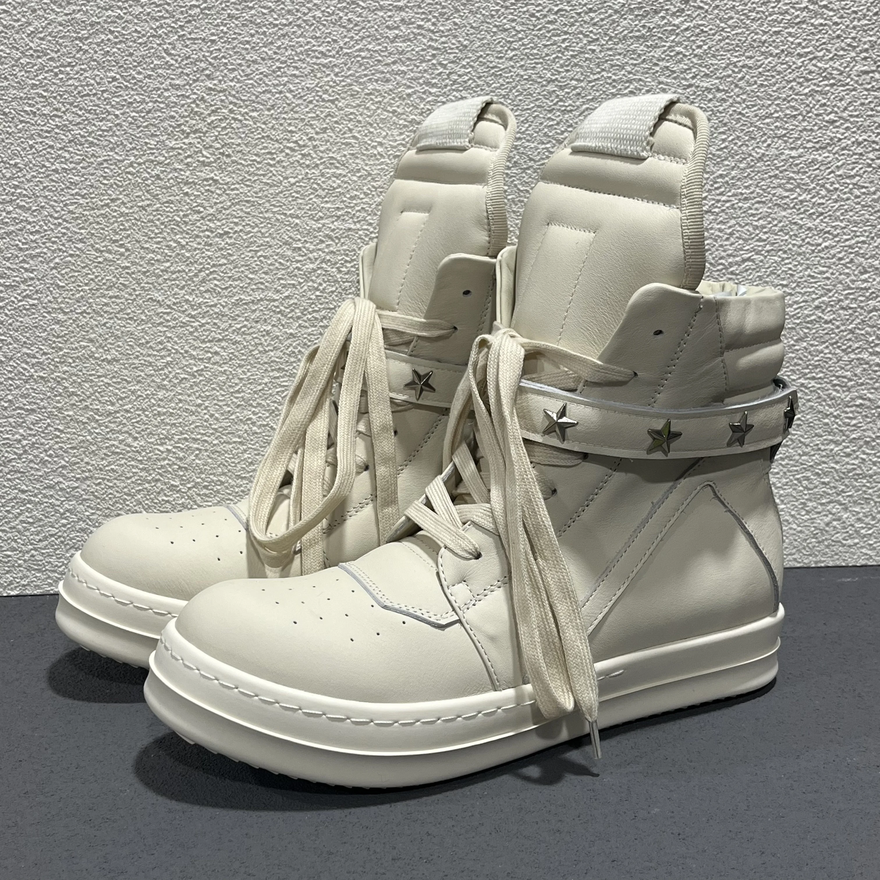 Genuine Leather High Top Sneakers, Star Studded Strap, Inverted Triangle Thick Platform Shoes, Zipper Avant-Garde UnisexFootwear