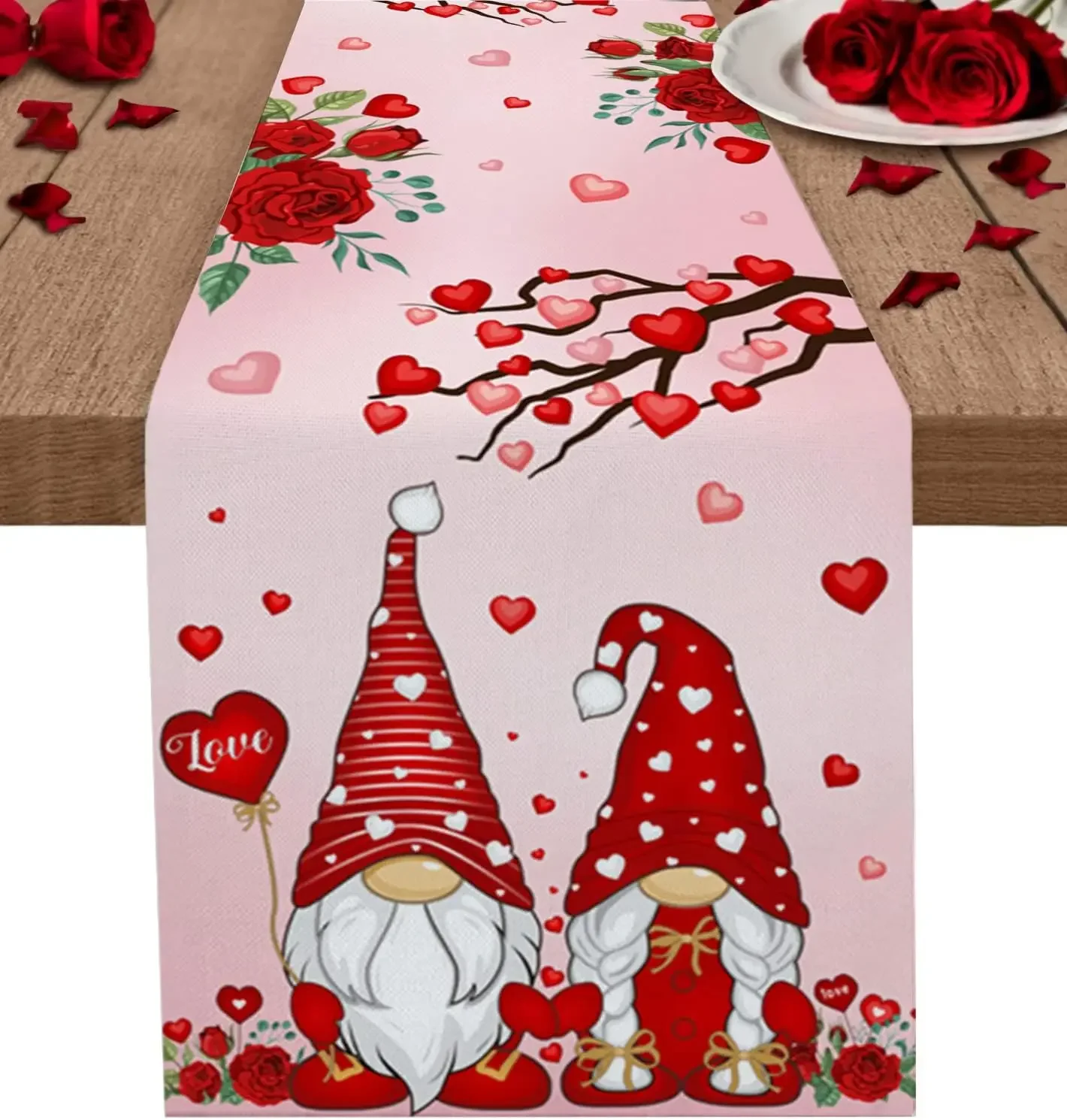 Valentine's Day Love Gnome Linen Table Runner Wedding Party Decor Durable Rose Tree Pink Kitchen Dining Table Runner Table Decor