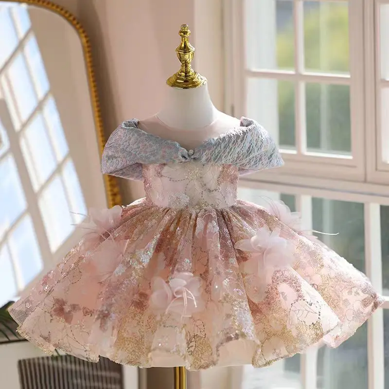 

Jill Wish Luxury Arab Flower Girl Dress Knee Length Lace Kids Princess Birthday Wedding Party Children Holiday Evening Gown J539
