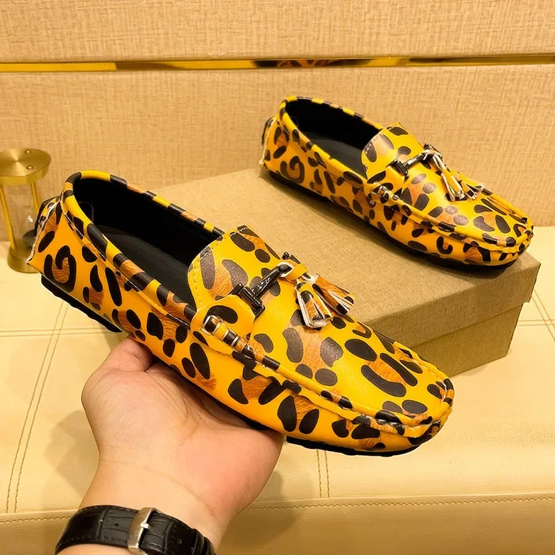 Yellow Leopard Men Moccasins Shoes Big Size 46 47 48 Youth Business Formal Shoes Luxury Brand Gentleman Wedding Dress Shoes