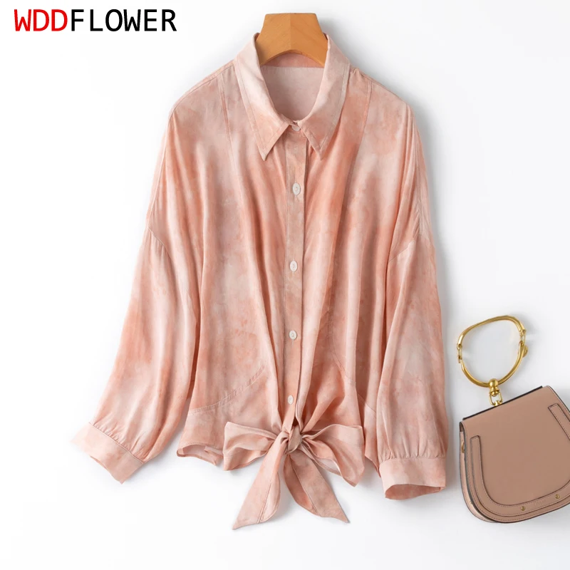 

Women Silk Shirt 100% Mulberry Silk 16 Momme Crepe Silk Pink Bow Hem Collared Buttons Down Long Sleeve Loose Top Blouse M1097