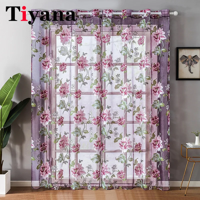 Pastoral Purple Floral Printing Curtain Bedroom Sheer Tulle Curtain For Living Room Kitchen Windows Tulle Drapes Cortina Rideaux