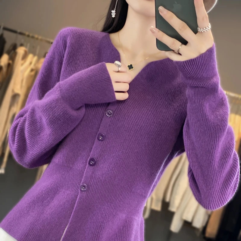 Women Knitwears 100% Pure Wool Knitted Cardigans Hot Sale Winter Vneck soft Warm Jumpers Female Tops