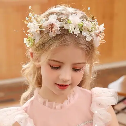 소녀의 화환 머리띠, 어린이 숲 스타일 생일 공주 진주 헤어 밴드, 요정 아름다움 꽃 어린이 헤어 액세서리, 파이