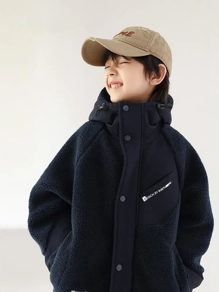 Boys Winter Thick Hooded Jacket Cotton Cardigan Trend Children\'s Clothing 2024 New Children\'s Plush Cotton Jacket Kids Jacket