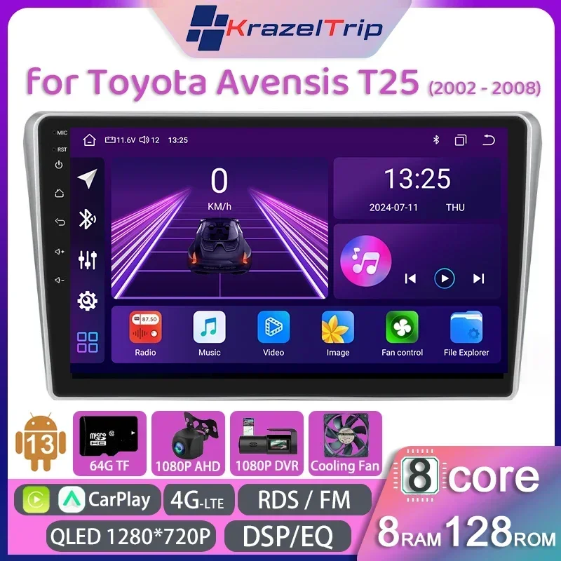 8 Core Carplay Android Auto Car Radio for Toyota Avensis T25 2002 2003 2004 2005 2006 2007 2008 GPS Autoradio 4GLTE DSP RDS QLED