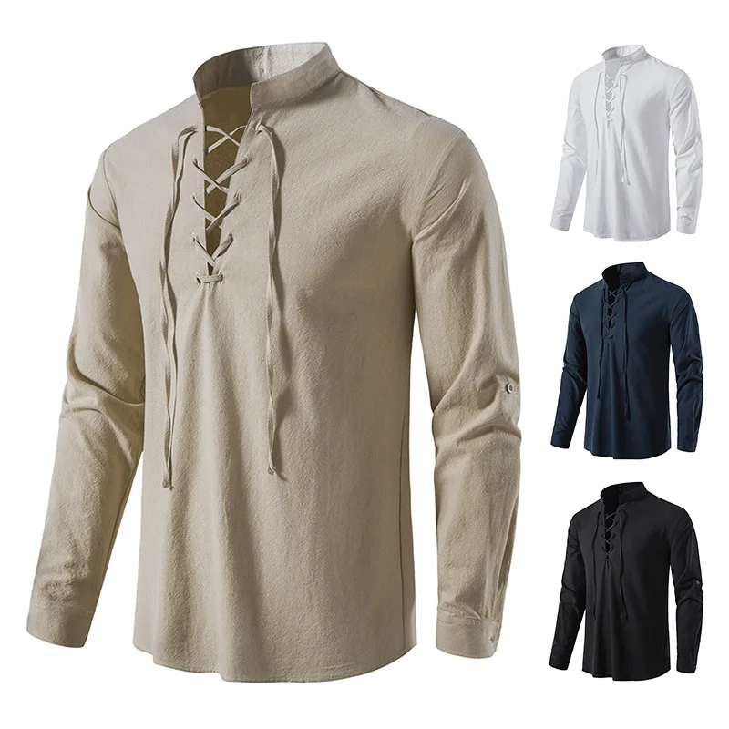 

2025 men's V-neck lace up long sleeved Henry shirt solid color cotton linen loose casual men's stand up collar shirt