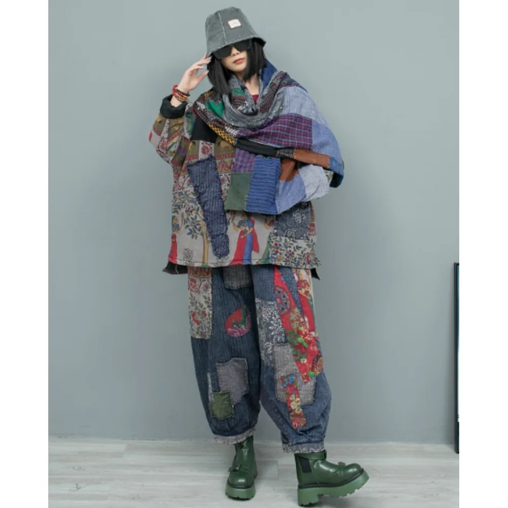 Winter Fashion Pant Set Printed Linen Patchwork Cotton Clip Thick Top + Big Crotch Pants Two-piece Set Women LX2730