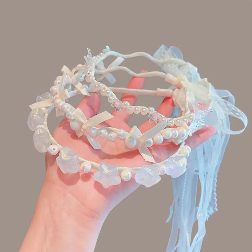 Новые повязки для волос с белым жемчугом и бантом, корейский милый обруч для волос принцессы, милая детская повязка на голову с цветком, аксессуары для волос