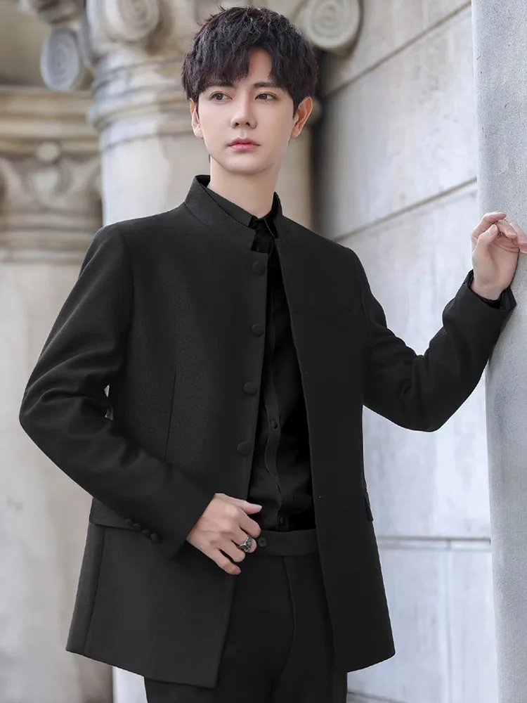 

Новый мужской приталенный смокинг для свадьбы в китайском стиле, модный костюм с воротником-стойкой, комплект верхней одежды в западном стиле