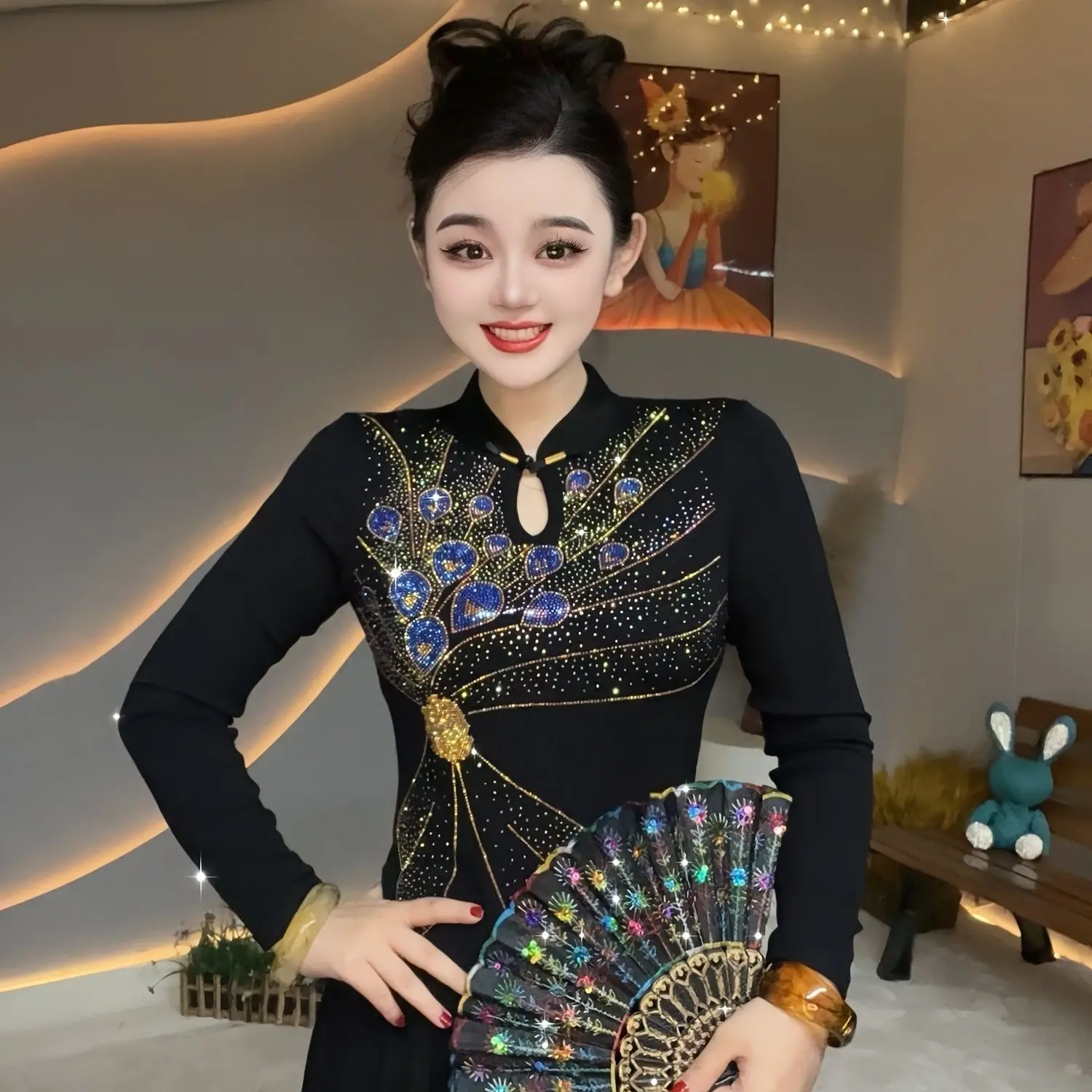 2026 Winter New Chinese Style Stand Collar Frog Button Top, Women's Shiny Long Sleeve Elegant Chinese Shirt Trend Woman