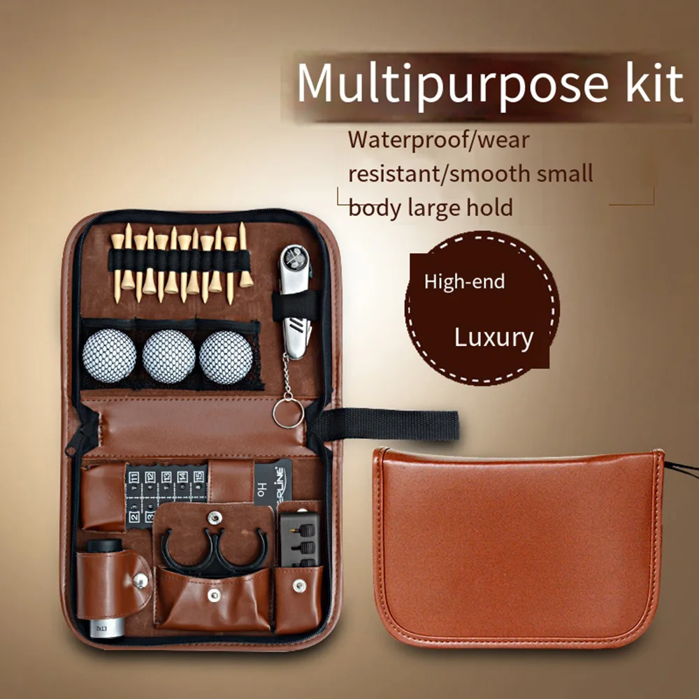 

Portable Golf Multifunction Kit Bag Business Faux Leather Set Tool Box Range Finder Knife Brush Ball Clip Tee Golf Supplies