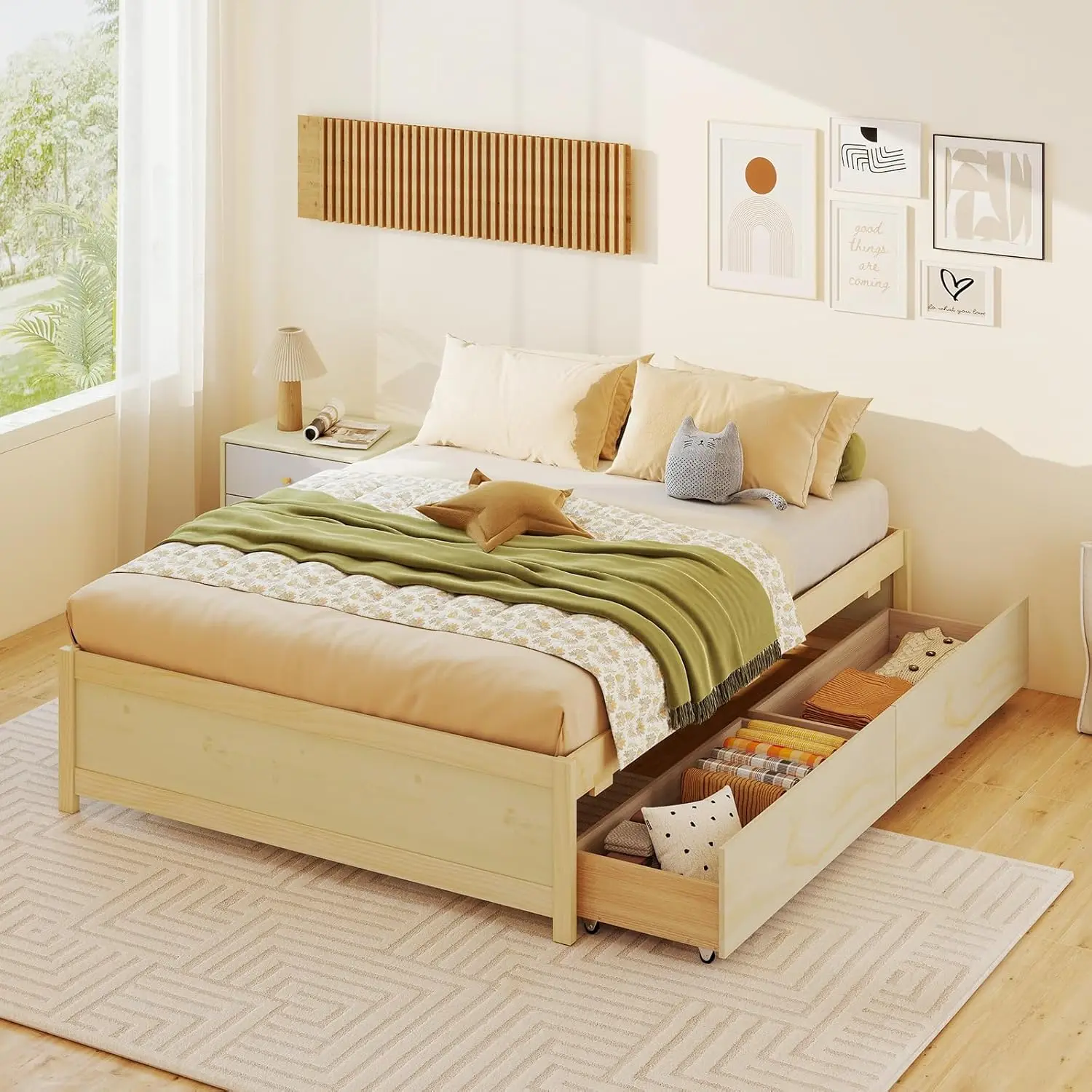 Full Size Wood Bed Frame With 2 Rolling Storage Drawers, Wooden Platform Bed Frame, Mattress Foundation With Wooden, Customized