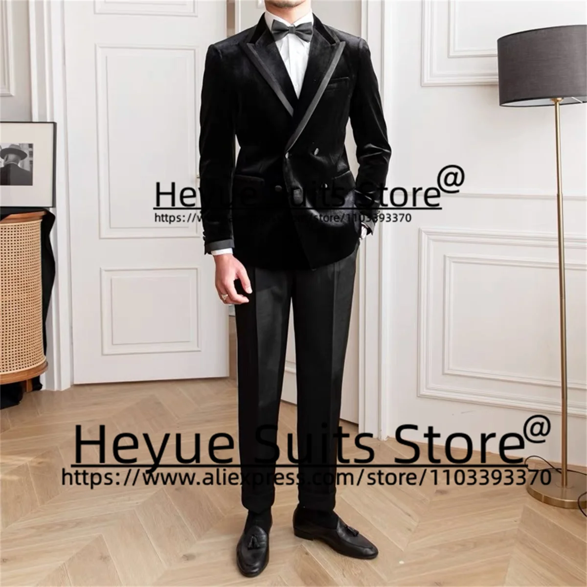 Black Velvet Banquet Men Suits Elegant Slim Fit Groom Tuxedos Double-breasted Prom 2 Pcs Sets Business Male Blazer Costume Homme