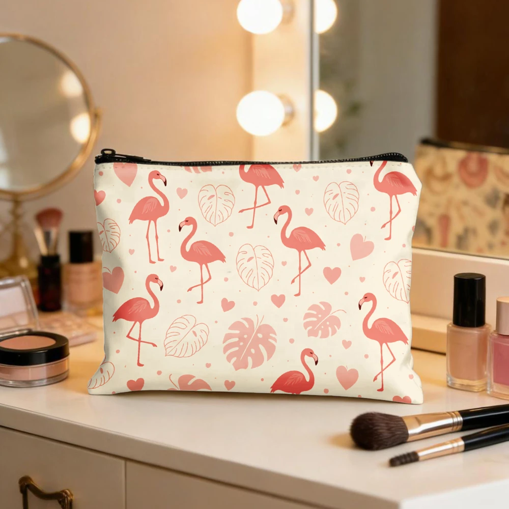 Bolsas de maquillaje con estampado de hojas y corazones de flamenco para niñas, bolsa de cosméticos, bolsa de aseo, estuche para lápices, almacenamiento de viaje