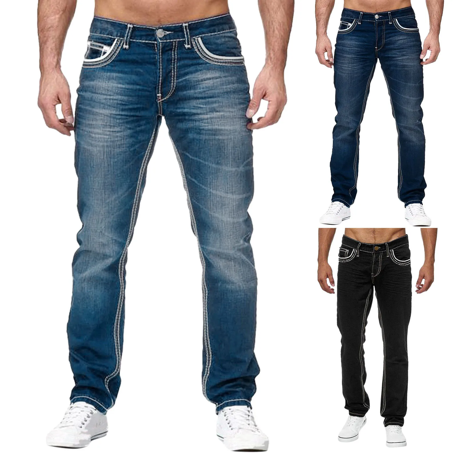 

Men Spring Summer Pant Trouser Casual Bodybuilding Pocket Denim Sports Pant Full Length Casual Trouser 501 Men Stretch