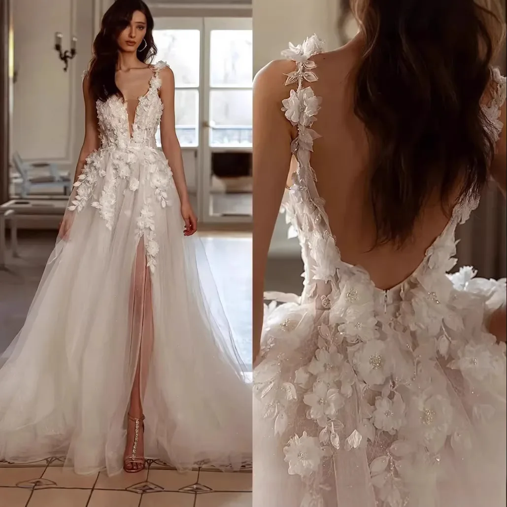 

Customized A Line Women Wedding Dresses Flowers Tulle V Neck Bridal Gowns Formal Side Slit robe de mariée