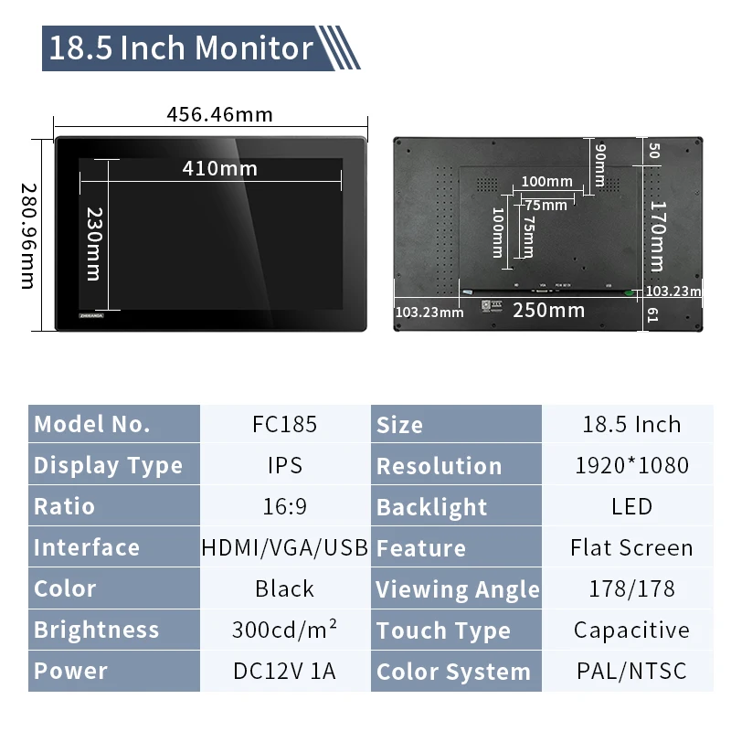 18.5 Inch Platte Industriële Touchscreen Monitor 1920*1080 10 Punten Capacitief LCD-Scherm Hdmi/Vga/Usb Oppervlak Waterdicht