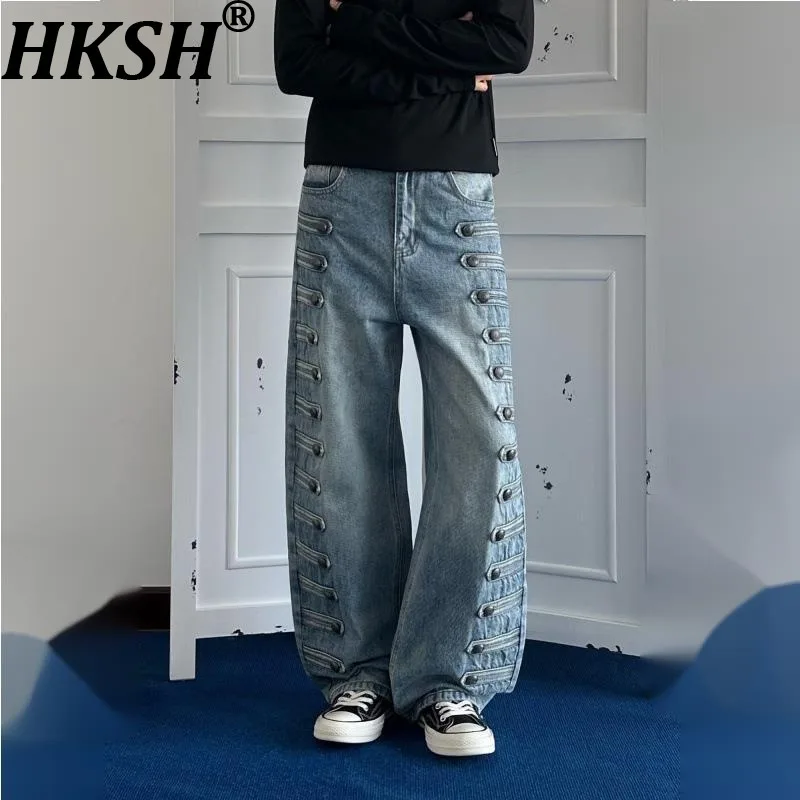 HKSH Spring New Men Tide Chic Ins Unique Deconstructed Buttons Wide Jeans Washed Drapey Straight High Street Denim Pants HK27308