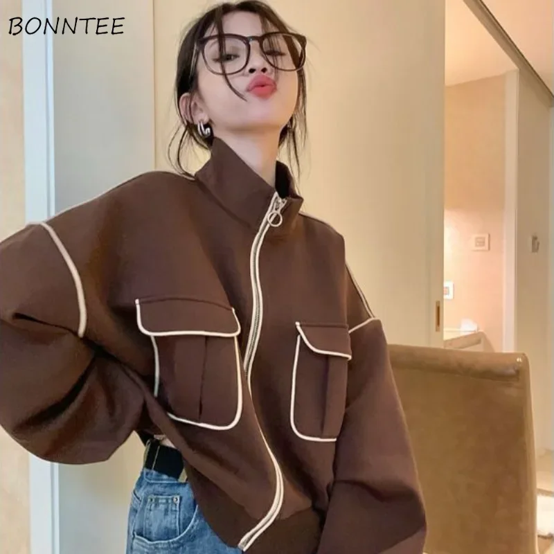 

Basic Jackets for Women Panelled Stand Zipper Ulzzang Streetwear American Style Fashion Cropped Outwear Casual Mujer Chaqueta