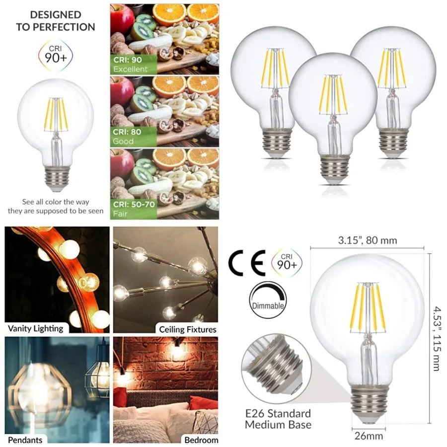 

LED Edison Vintage Vanity Globe Filament G25 G80 6W Dimmable 60W Equivalent (3 Pack) 120V Light Bulb for Bathroom Makeup Mirror