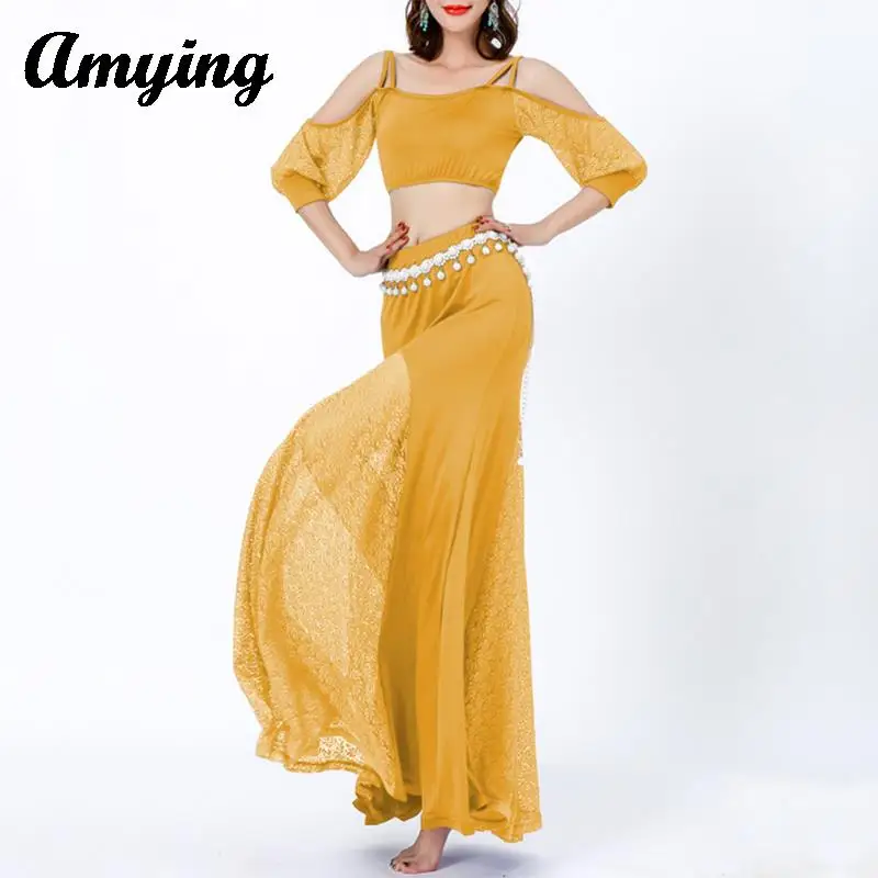 

2024 New Women Belly Dance Stage Performance Costume Set Indian Dance Skirt Practice Training Suit Sexy Top+Elegant Long Dress