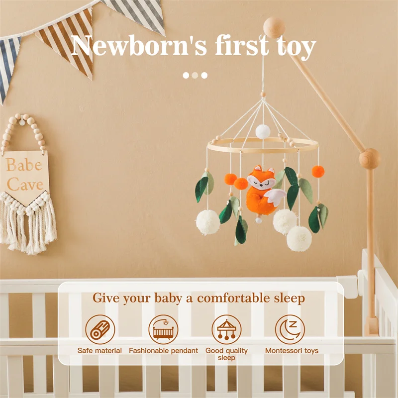 Baby Rattle Toy 0-12 Month Newborn Felt Fox Pendant Wooden Mobile Music Box Bed Bell Hanging Toy Holder Bracket Infant Crib Gift