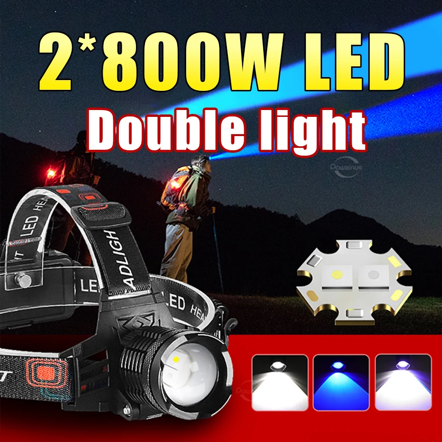 Linterna Frontal de Pesca 2025 Más Reciente, Luz Azul y Blanca, 2*800W LED, Recargable, Zoom, USB, Batería 18650, Impermeable