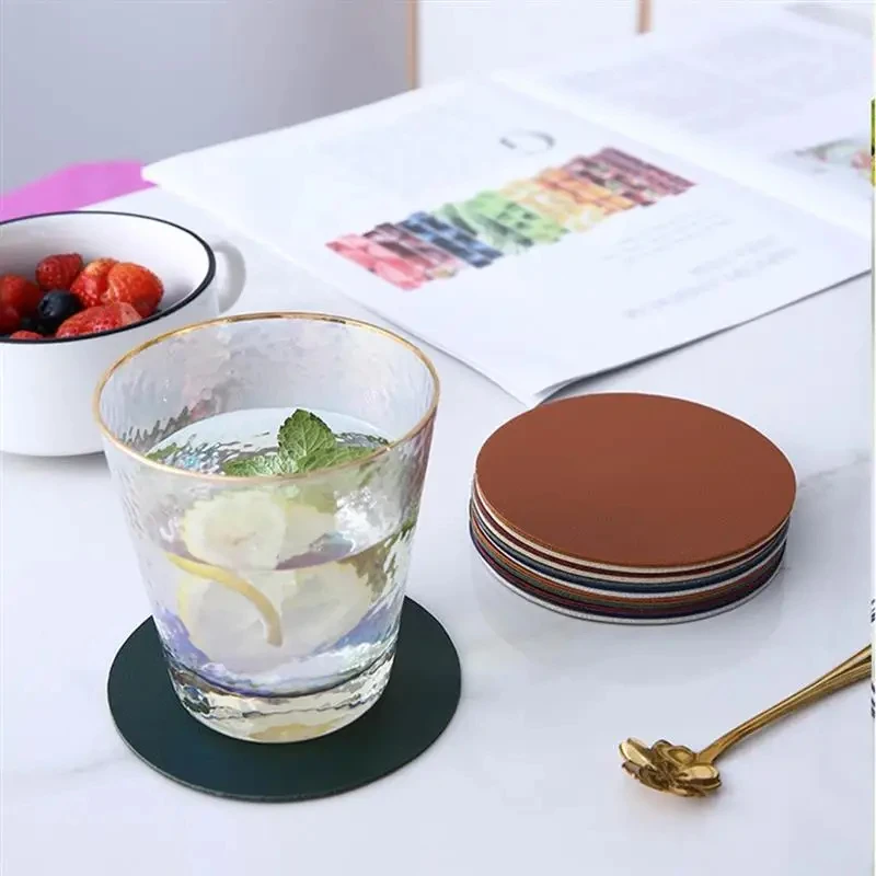 6pcs Faux Leather Coaster Waterproof Heat Resistant Round Cup Coaster Cup Mat Tableware Insulation Mat Bowl Placemat Home Decor