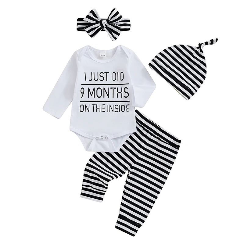 

Newborn Baby Halloween Outfit Letter Print Long Sleeve Romper Striped Pants Hat and Headband Boy Girl 4Pcs Set