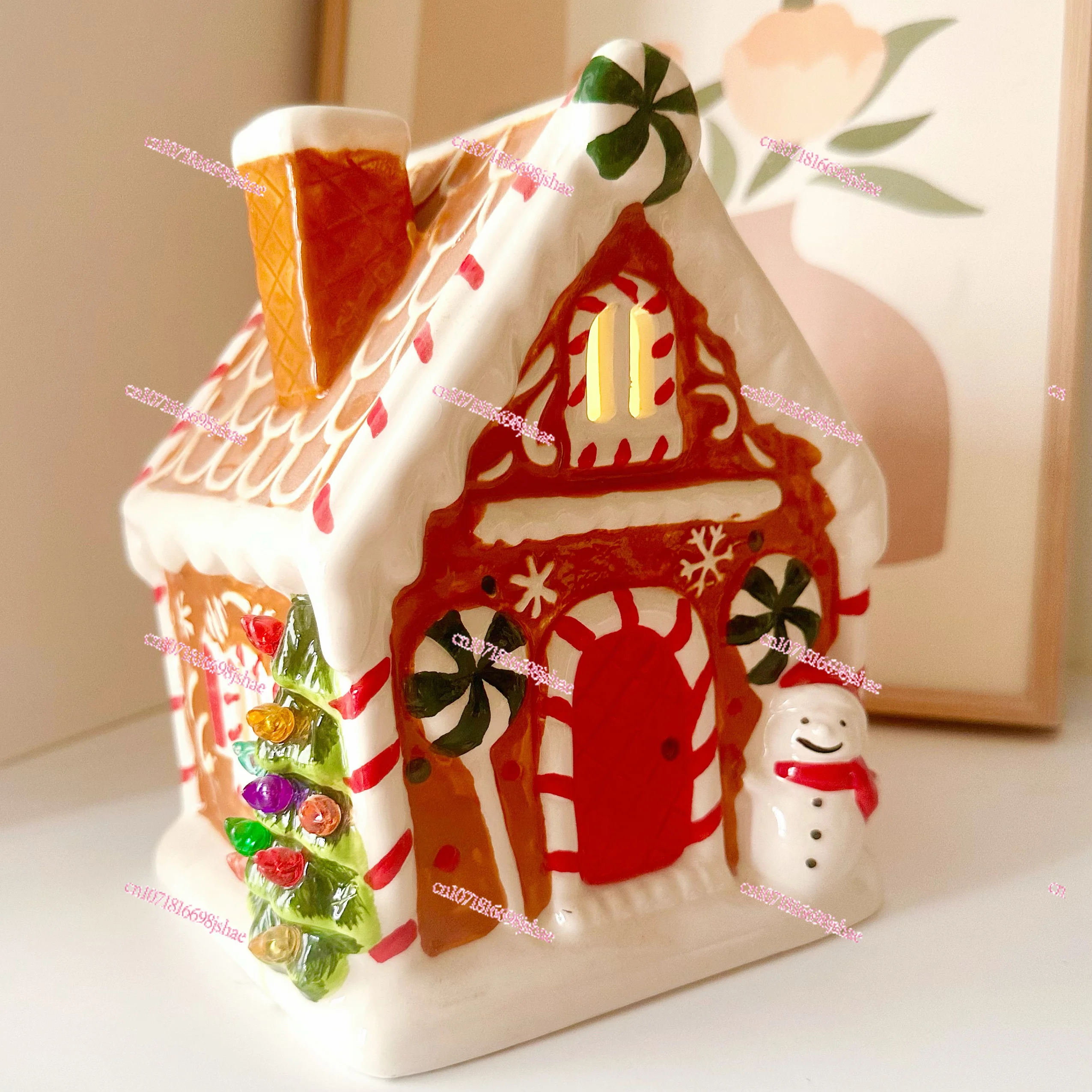 Christmas Atmosphere Ceramic House Snowman Gingerbread House Night Light Ornament Desktop Gift for Friends To Light Up