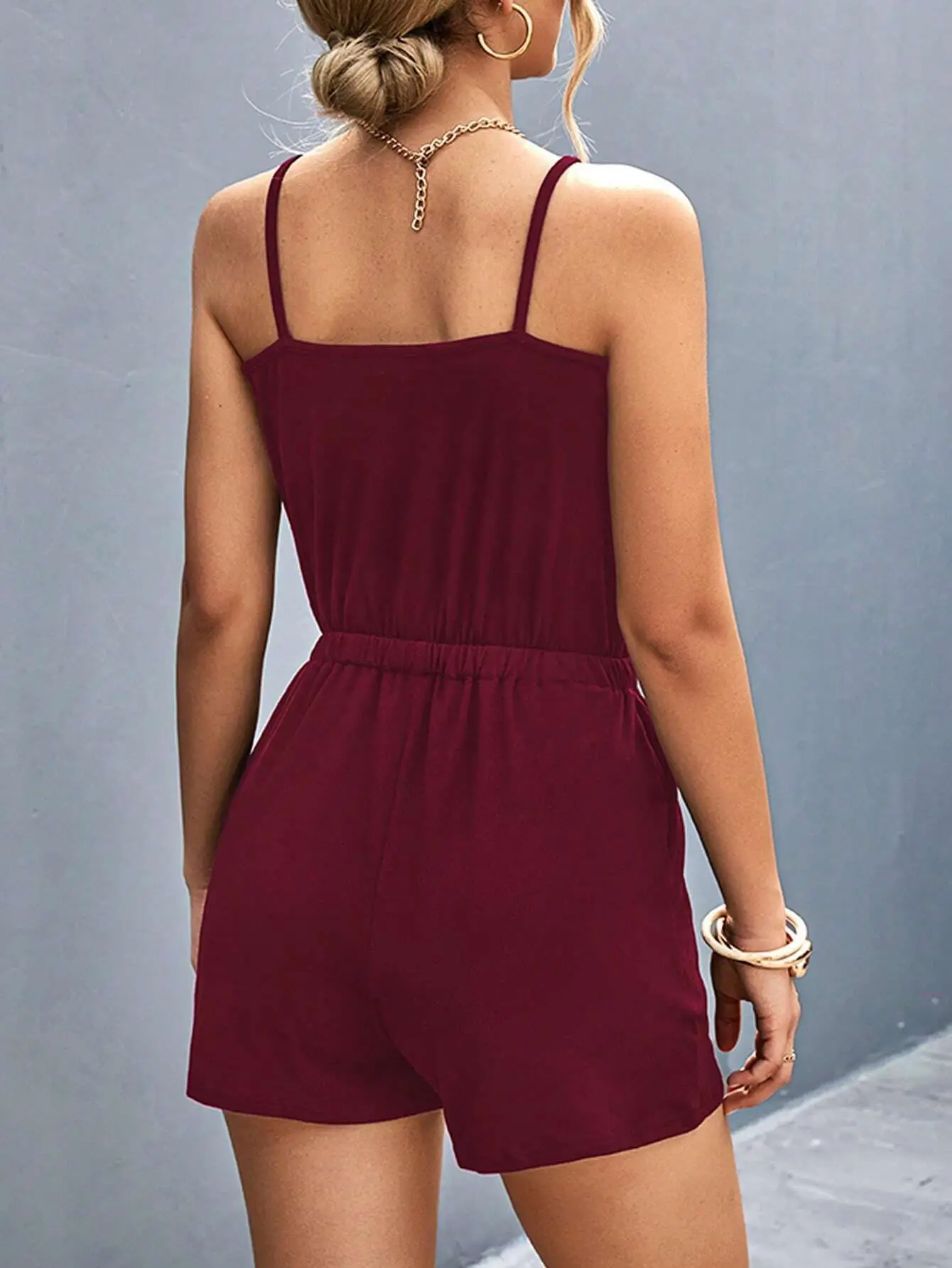 spaghetti Playsuit women summer sleeveless chain rompers for women 2024 sexy pure color lace up jumpsuits ladies black