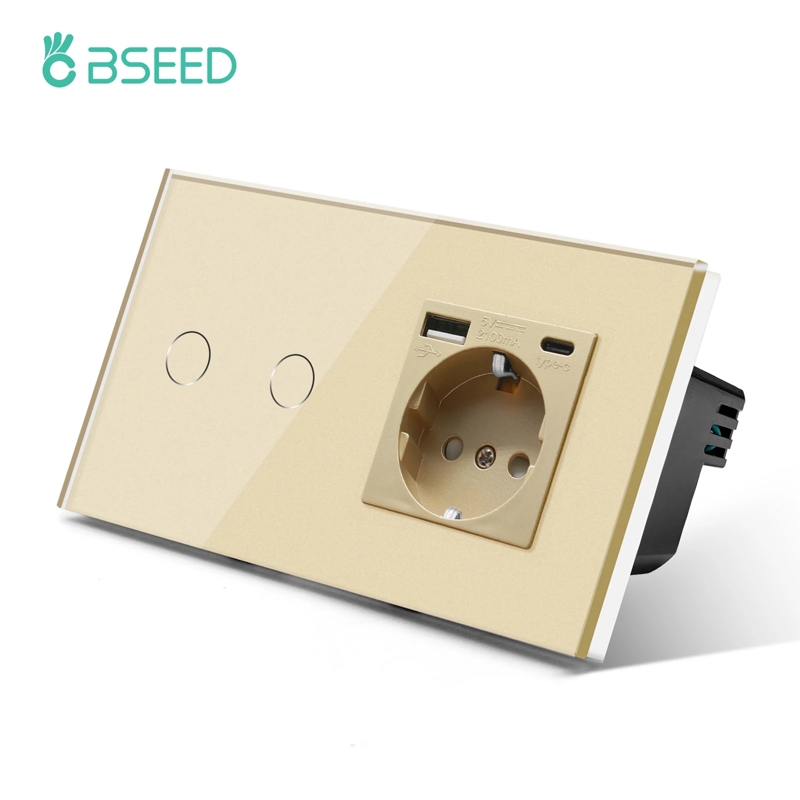 BSEED Einzelwandsteckdose mit Typ-C-USB-Anschlüssen, doppelte Glassteckdose, dreifache Steckdosen, Steckdosen, 16 A, Gold