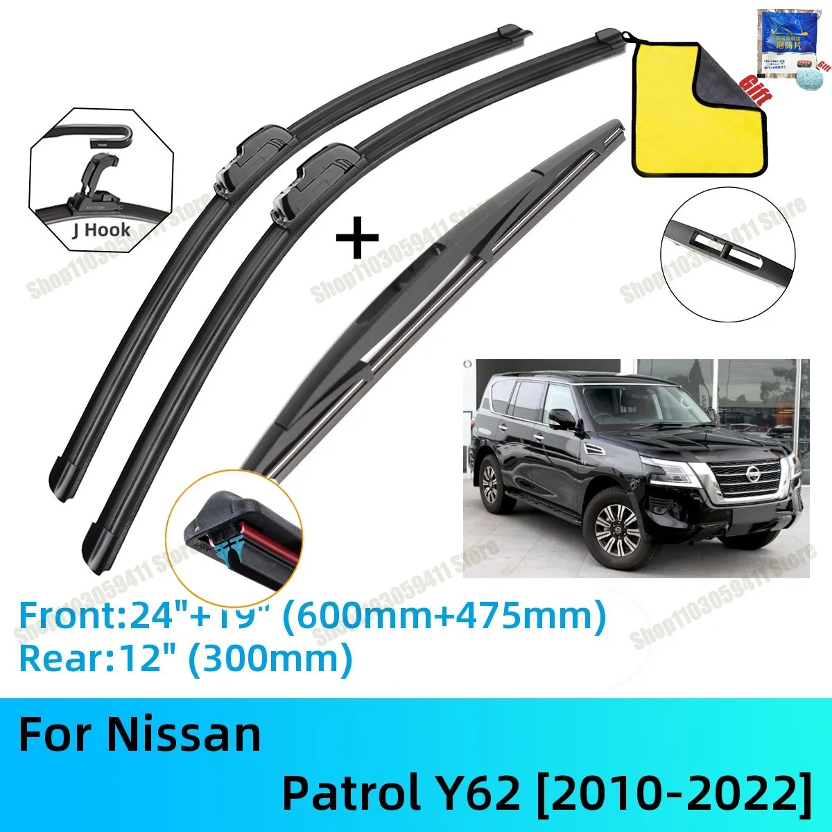 

For Nissan Patrol Y62 Front Rear Wiper Blades Brushes Cutter Accessories J U Hook 2010-2022 2015 2016 2017 2018 2019 2020 2021