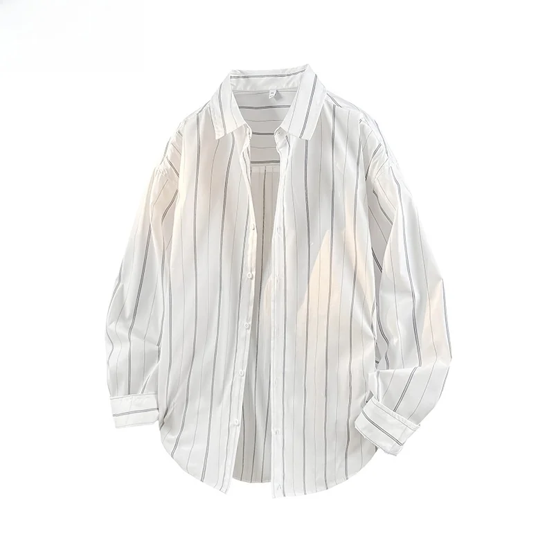 Wassup Nuraya Casual Loose Long Sleeve Shirt for Men Spring Summer Fashionable Striped Pure Color Turn-down Collar Business S...