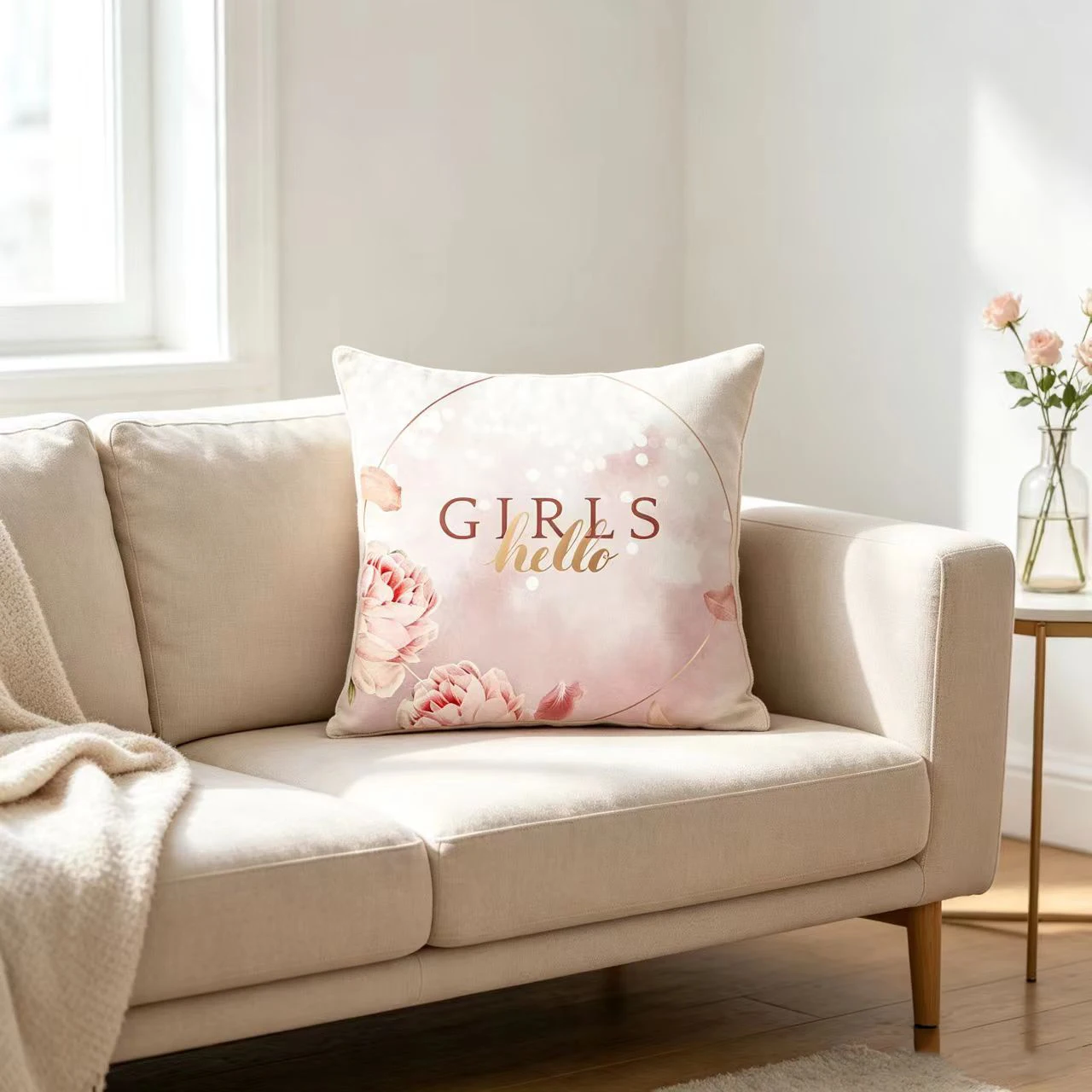 Pink Rose Peony Glitter Hello Throw Pillow Case Decorative Pillowcase Living Room Sofa Office Seat Cushion Cover Home Gift Decor