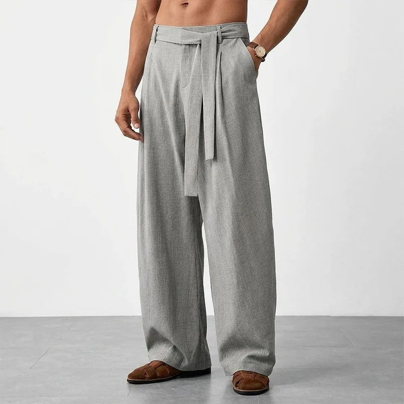 KIDWHXR Herrenhose, locker geschnitten, mittelhoher Bund, atmungsaktiv, Vintage-Plisseehose, gerade geschnitten, mit Kordelzug, Business Casual Herrenhose – Detail 9