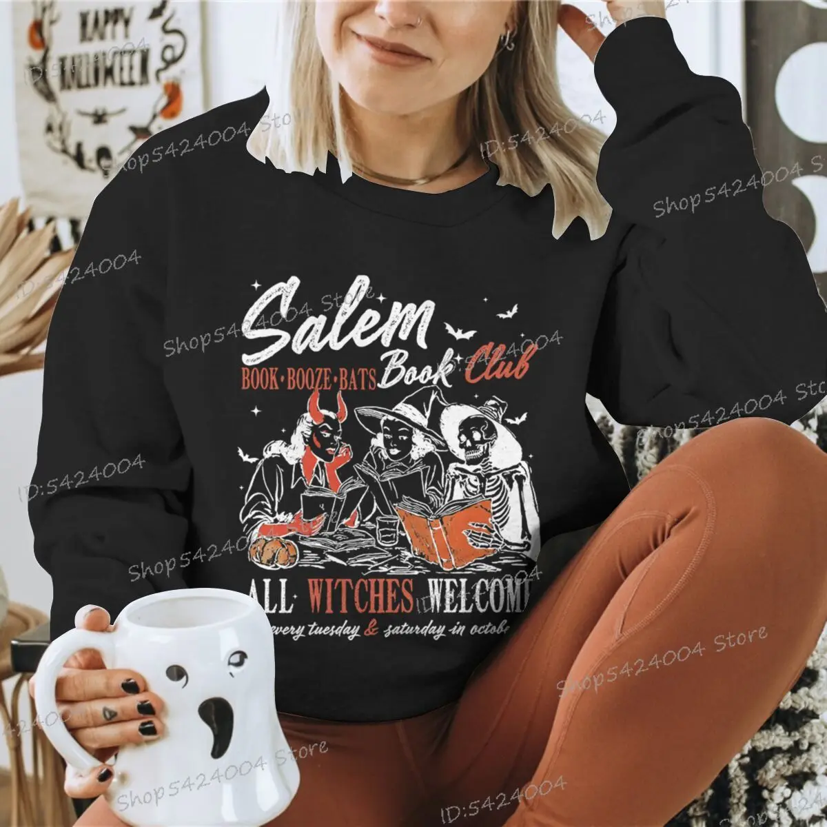 魔女ブッククラブ スウェットシャツ ハロウィンブック スケルトン レディース服 ファッション クルーネック ブックワーム 長袖 不気味な季節 プルオーバー