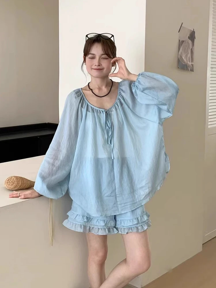 

Clothland Women Sweet Ruffled Blouse Shorts Suit Long Sleeve Loose Shirt Mini Shorts Cute Casual Loose Two Piece Set TA633