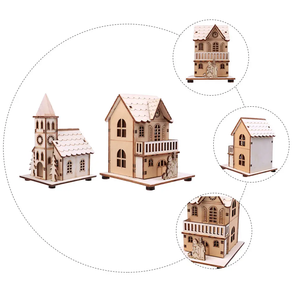 

2 Pcs Glow Cabin Luminous Cottage Decor Table Xmas Tabletop Adornment Wooden Decoration for