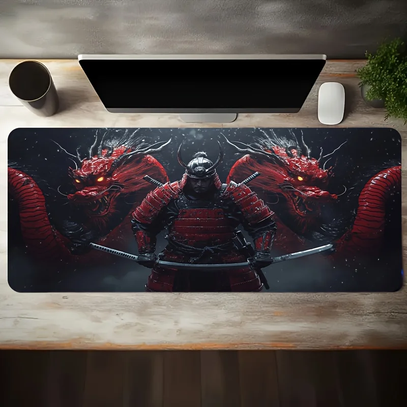 CIFBUY Large Gaming Mouse Pad Samurai  Red Dragons Battle Non-slip Washable Rubber Base Oversized Desk Mat Office Computer Decor