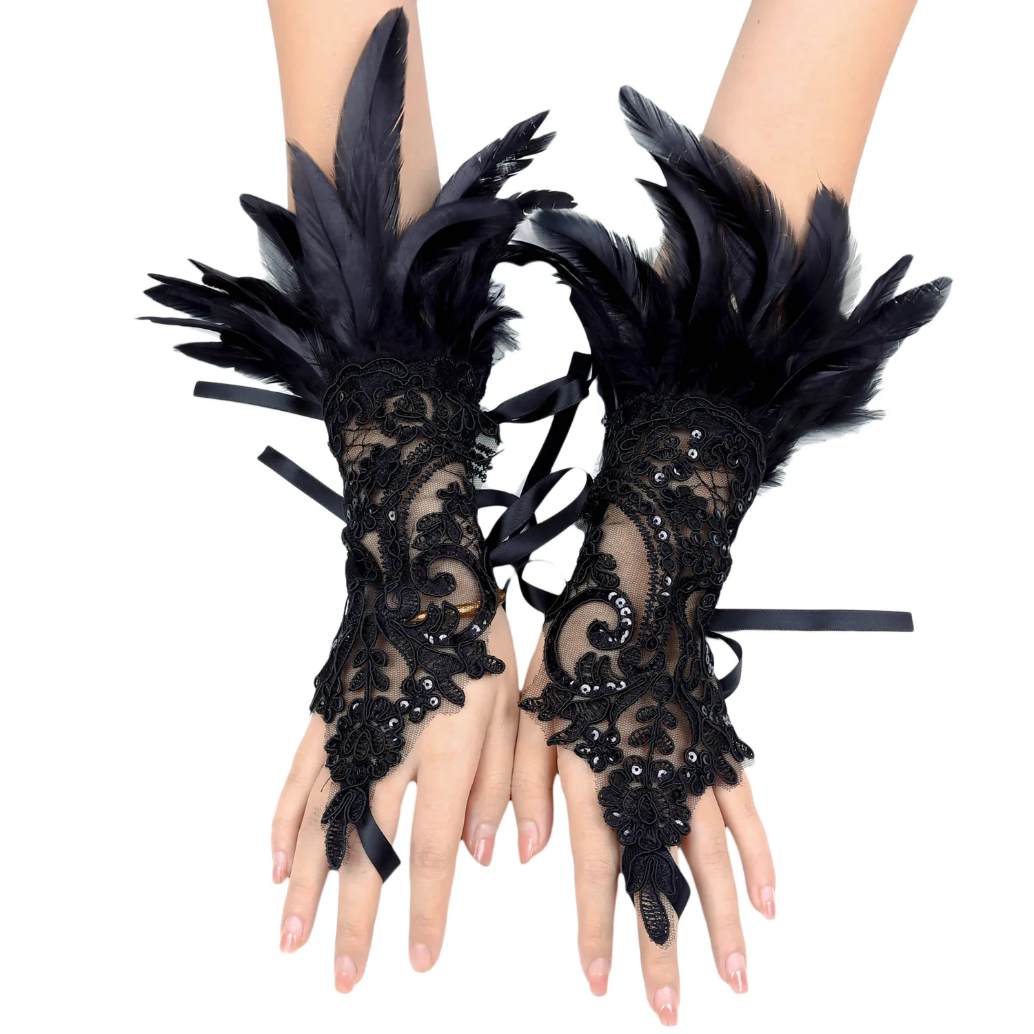 1 par de guantes largos de plumas de imitación de encaje Sexy, manga de malla gótica, manopla bordada para fiesta de Halloween, accesorios de escenario para mujer