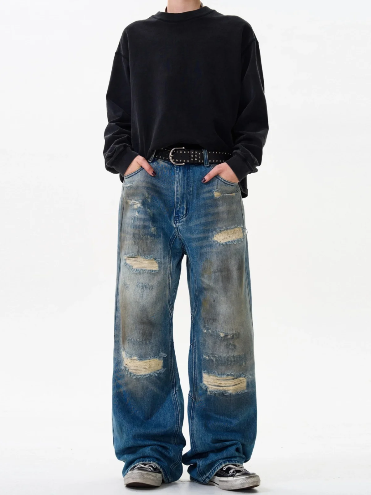 

Retro Vintage Distred Straight Leg Jeans Men Women Loose Fit Casual Blue Denim Jeans Tear Hole Wear Resistant Daily Wear