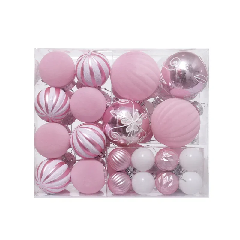 2024 Christmas Tree Decorative Balls Electroplated Plastic Painted Flocking Hanging Balls Pendant 46pcs/Set Gift Box