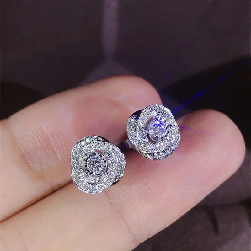 Huitan New Trendy Unique Rose Designed Stud Earrings for Women Shiny Cubic Zirconia Ear Accessories Aesthetic Wedding Jewelry