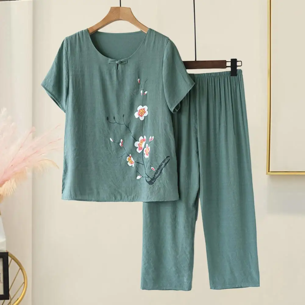 Crew Neck Pajama Top Elegant Mid-aged Women's Pajama Set with Floral Print Short Sleeve Top Wide Leg Pants for Mother