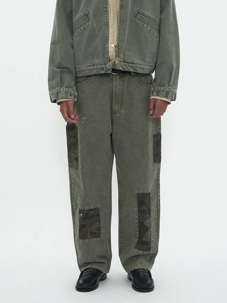 

Retro Waed Denim Straight Leg Pants Unique Patchwork Casual Loose Fit Trousers by Partimento Autumn Cotton Men's Faion